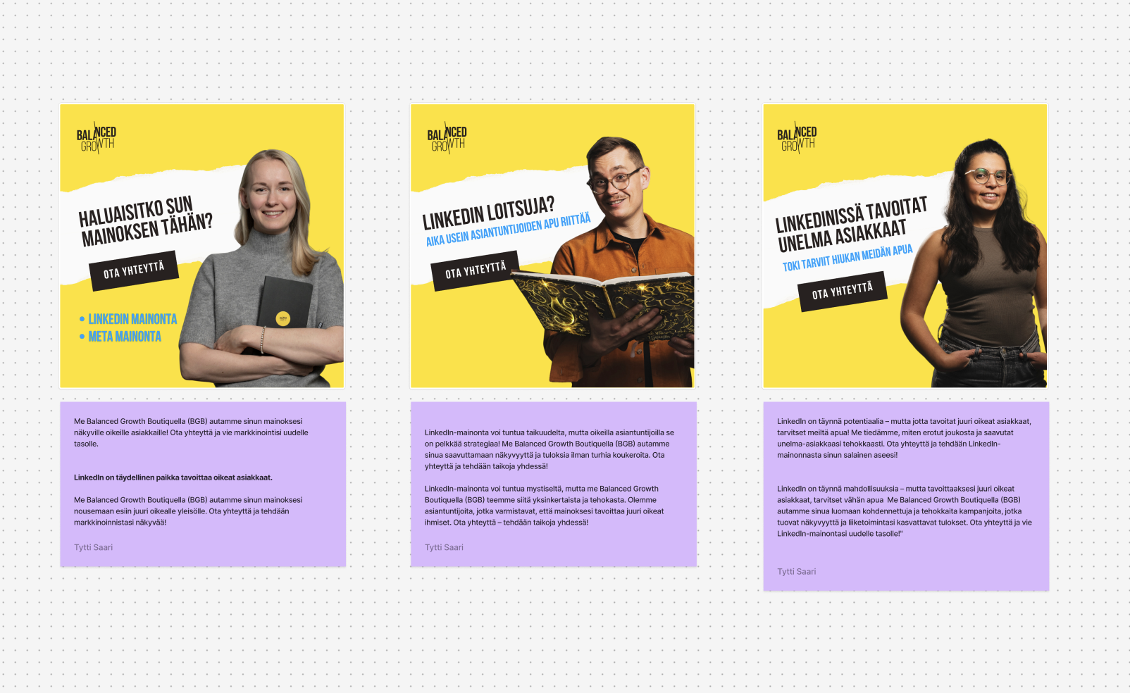 Yhtiömme ensimmäiset LinkedIn-mainoskuvat Figma-taululla