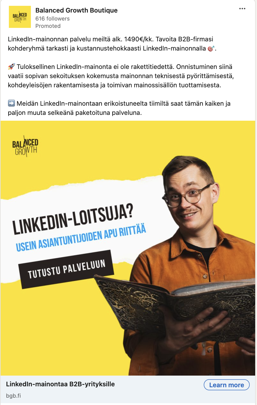 LinkedIn-mainos, jonka kuvassa Mikko Rindell