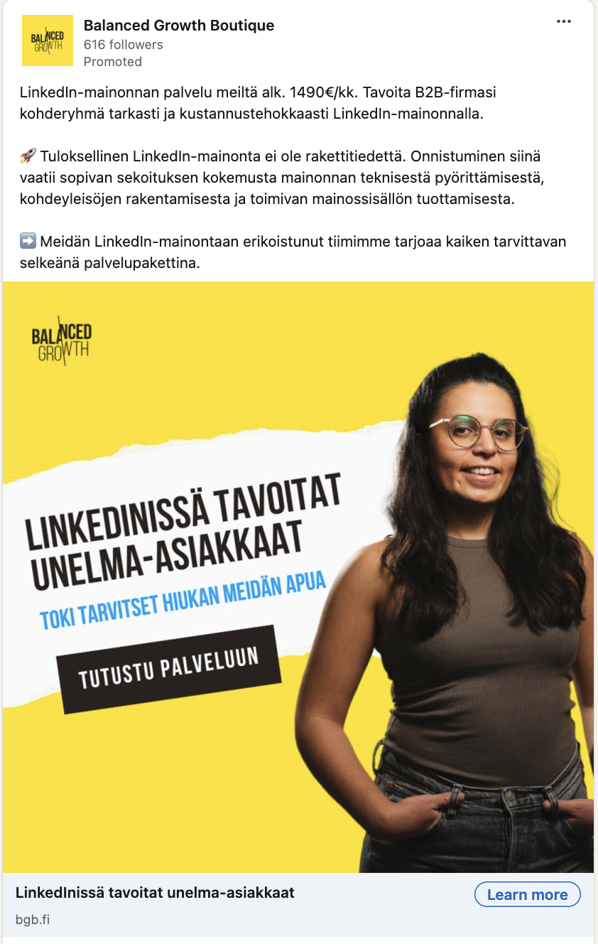 LinkedIn-mainoksemme, jonka kuvassa Mirka Tallus