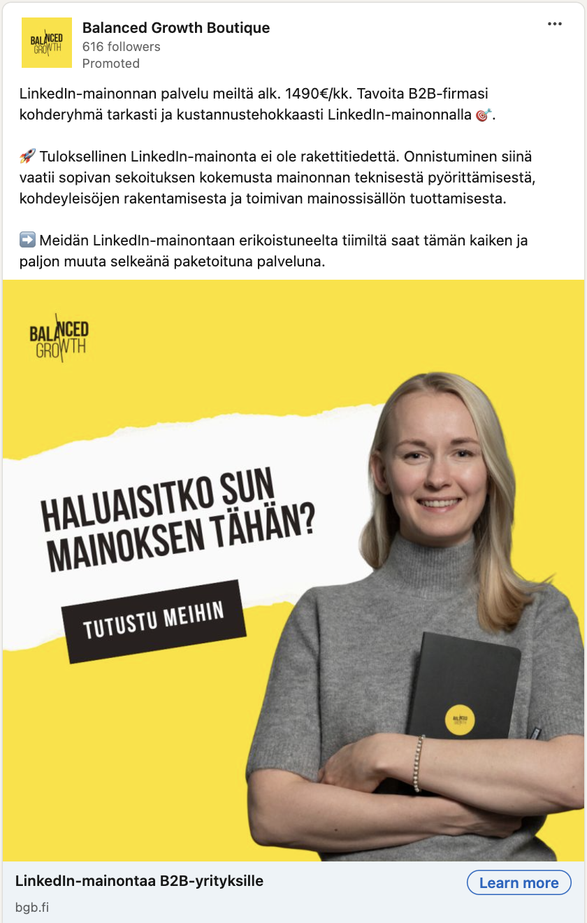 LinkedI-mainos, jonka kuvassa Sofianna Tammenniemi
