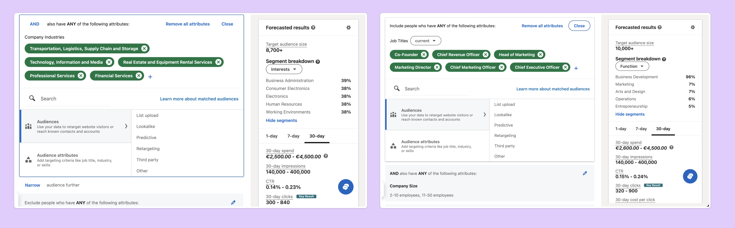Kuvankaappaukset LinkedIn Campaign Managerista kohdeyleiön määrittelykohdasta