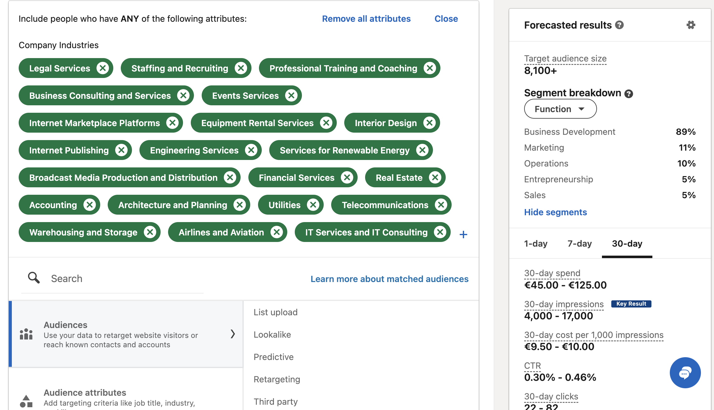 Kuvankaappaus kohdennetuista toimialoista LinkedIn Campaign Managerissa