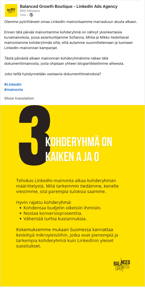 Kuvassa LinkedIn-dokumenttimainosjulkaisu