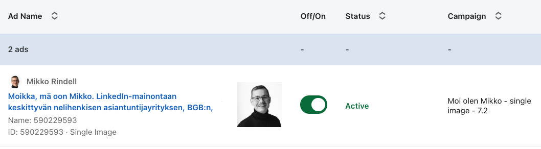 Kuvankaappaus LinkedIn Campaign Managerista