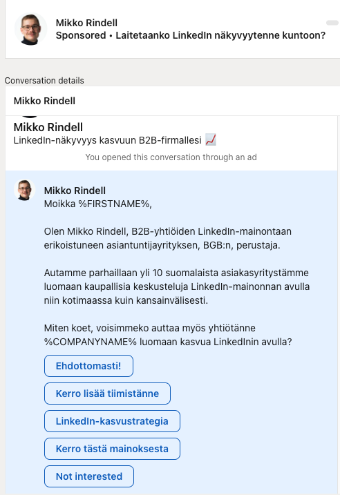 LinkedIn-keskustelumainoksen avausviesti