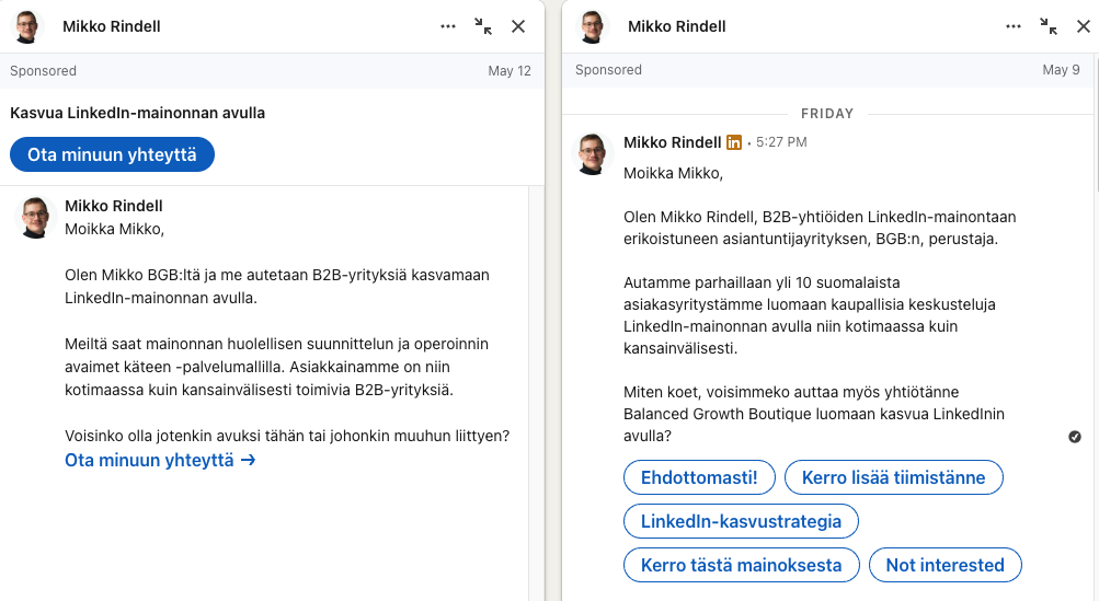 LinkedIn-viestimainos vasemmalla. LinkedIn-keskustelumainos oikealla.