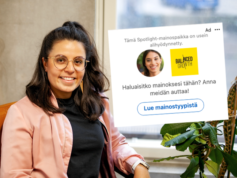 Kuvassa Mirka Tallus ja esimerrki LinkedIn Spotlight-mainoksesta