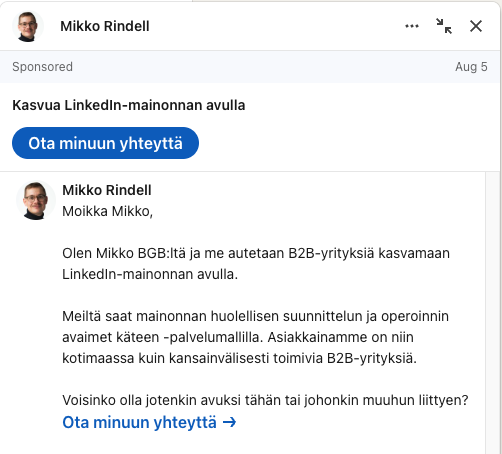 Esimerkki LinkedIn-viestimainoksesta