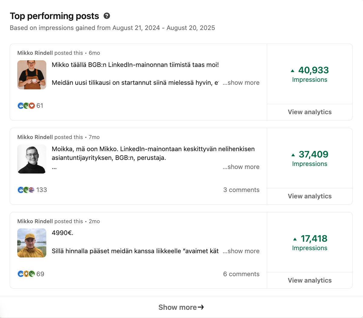 Kolme suosituinta LinkedIn-julkaisuani